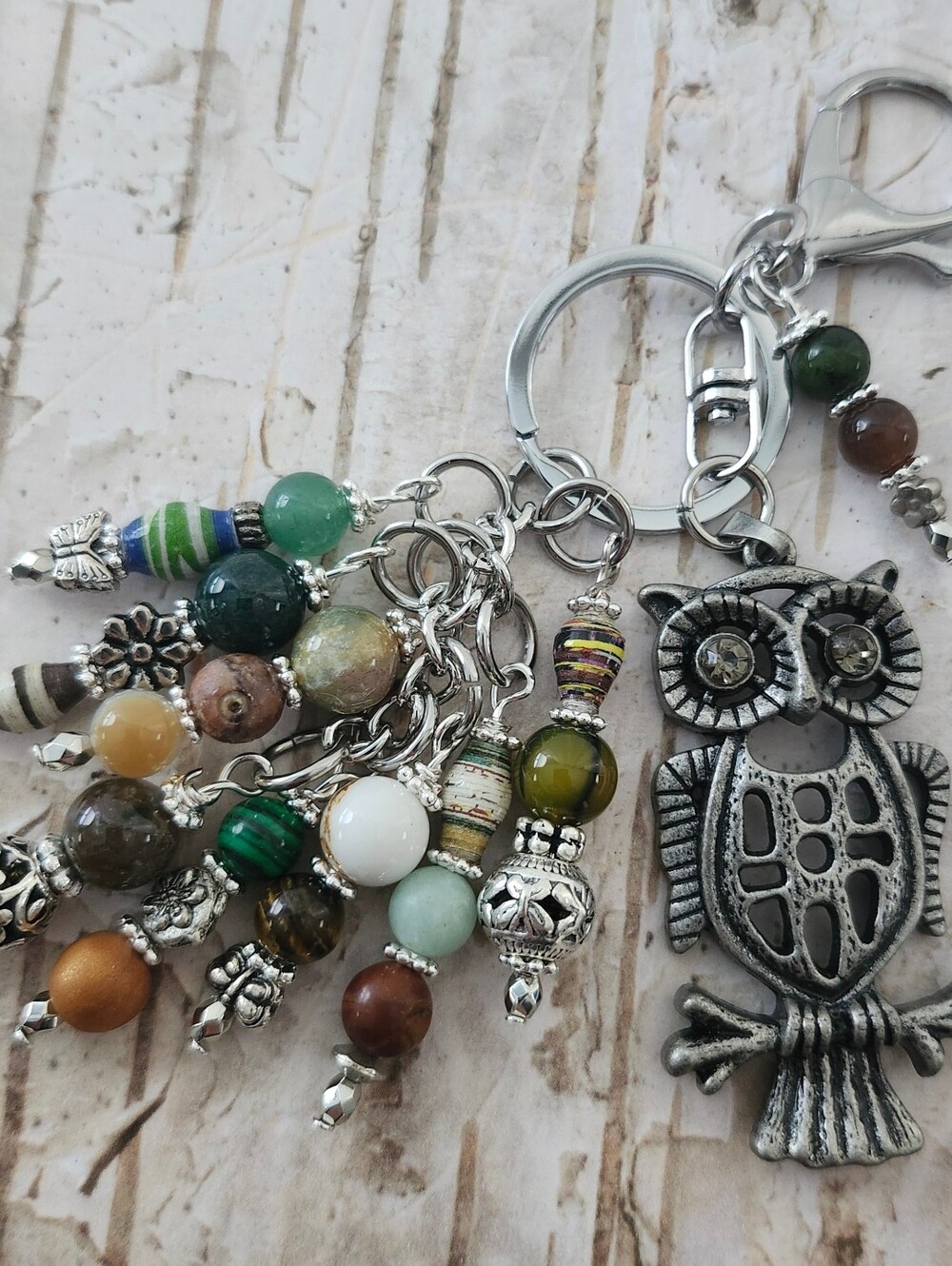 Owl Purse Charm or Keychain Agate Malachite Jasper Tigers Eye Handcrafted